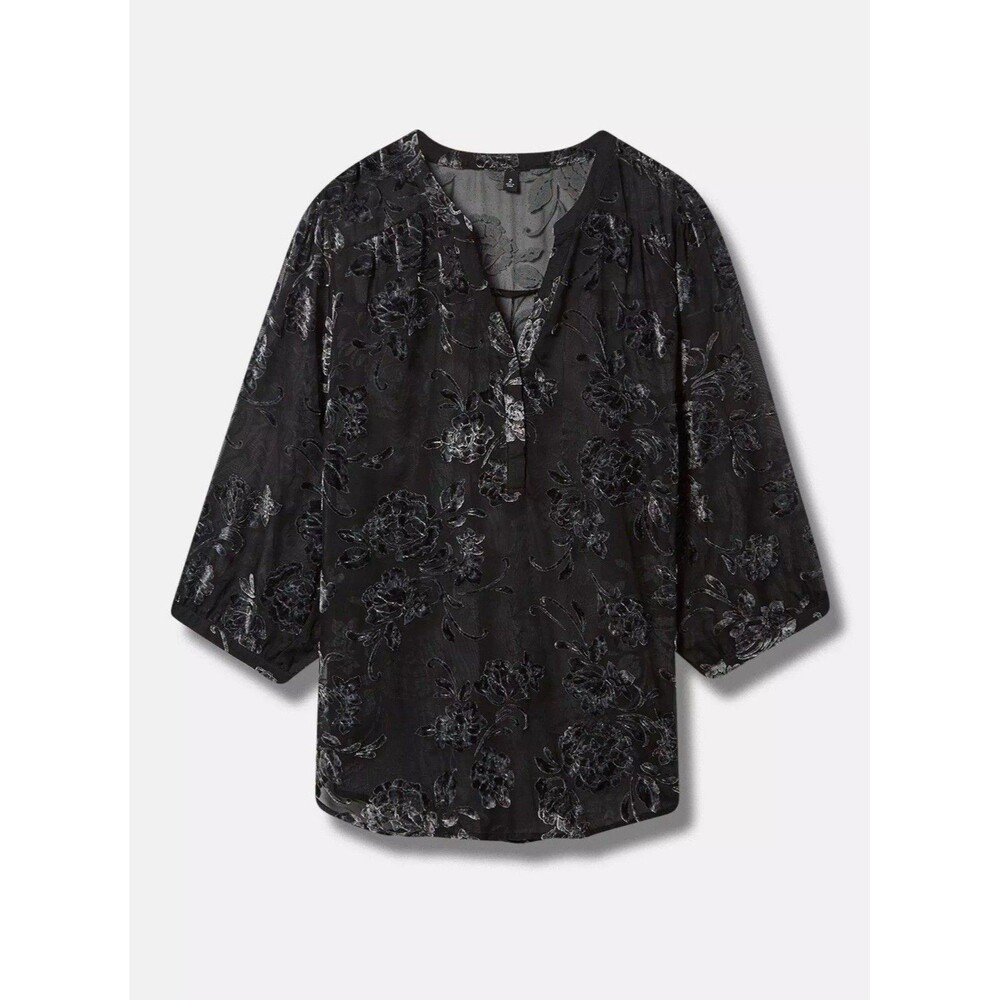Torrid Harper Burnout Black Velvet Rose Floral Pullover Blouse 3/4 Sleeve Size 4